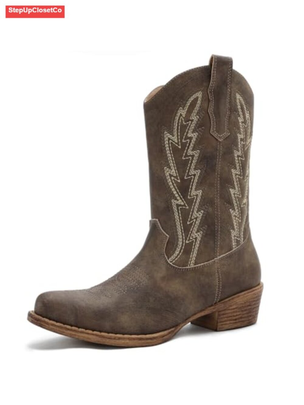 Faux Leather Western Cowboy Boots Mid-Calf Block Heel Side Zipper